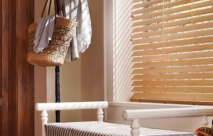 Custom window blinds by a bench Custom window blinds by a bench